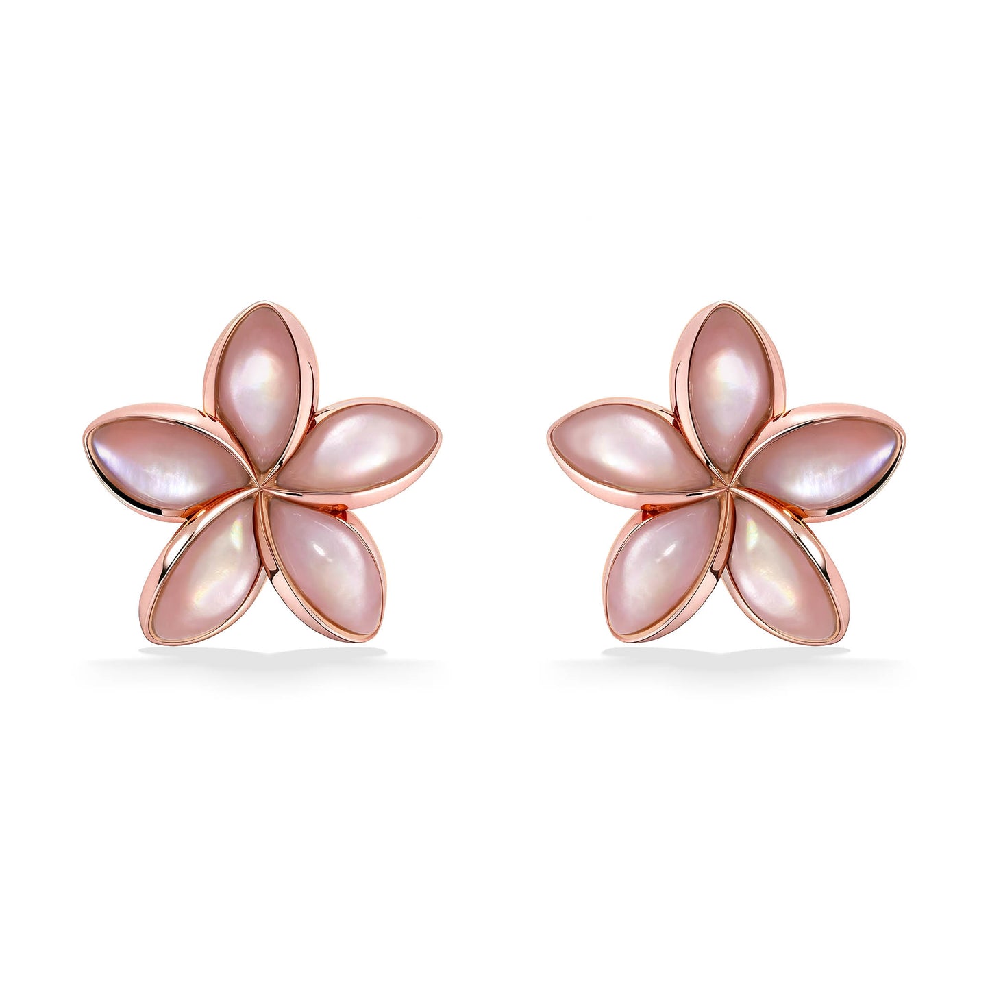Front view of 14K rose gold plumeria stud earrings with pink mother of pearl inlay, design is mirrored. Item No. 41698