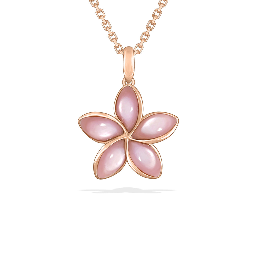 Plumeria pendant made in rose gold with pink mother of pearl inlay and rose gold bail. Item No. 41699