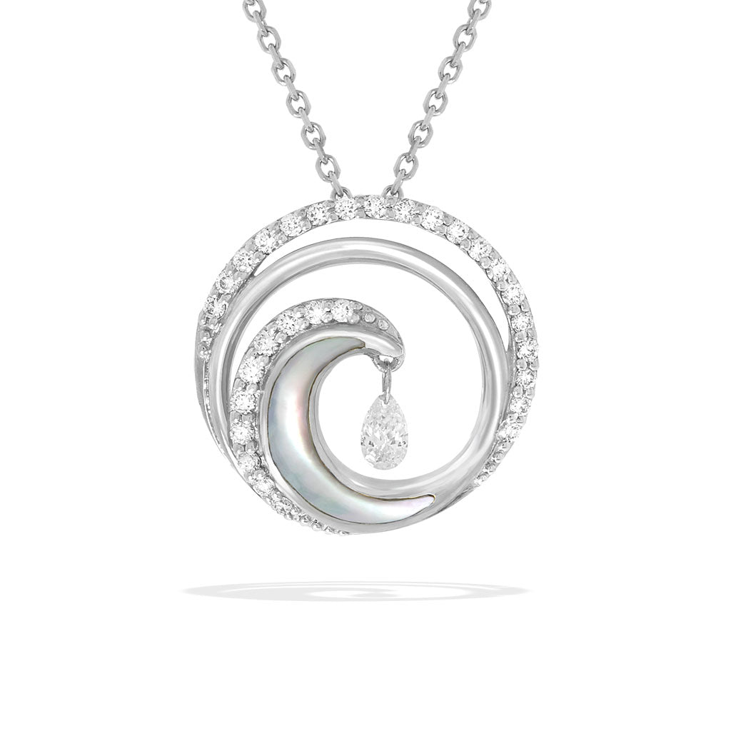 Ultimate wave pendant in 14k gold with diamond accents, mother-of-pearl detail, & pear-shaped shimmer diamond. Item No. 41700