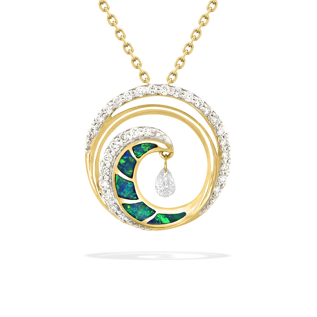 Ultimate Wave pendant in 14K gold featuring opal inlay, sparkling diamonds, and a pear-shaped center accent. Item No. 41697