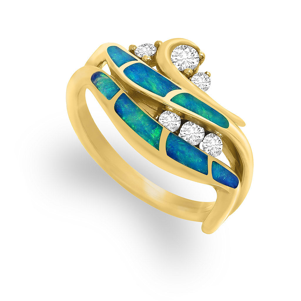 Yellow gold ring crafted in 14K gold with a waterfall design, showcasing opal inlay and diamonds. Item No. 41440