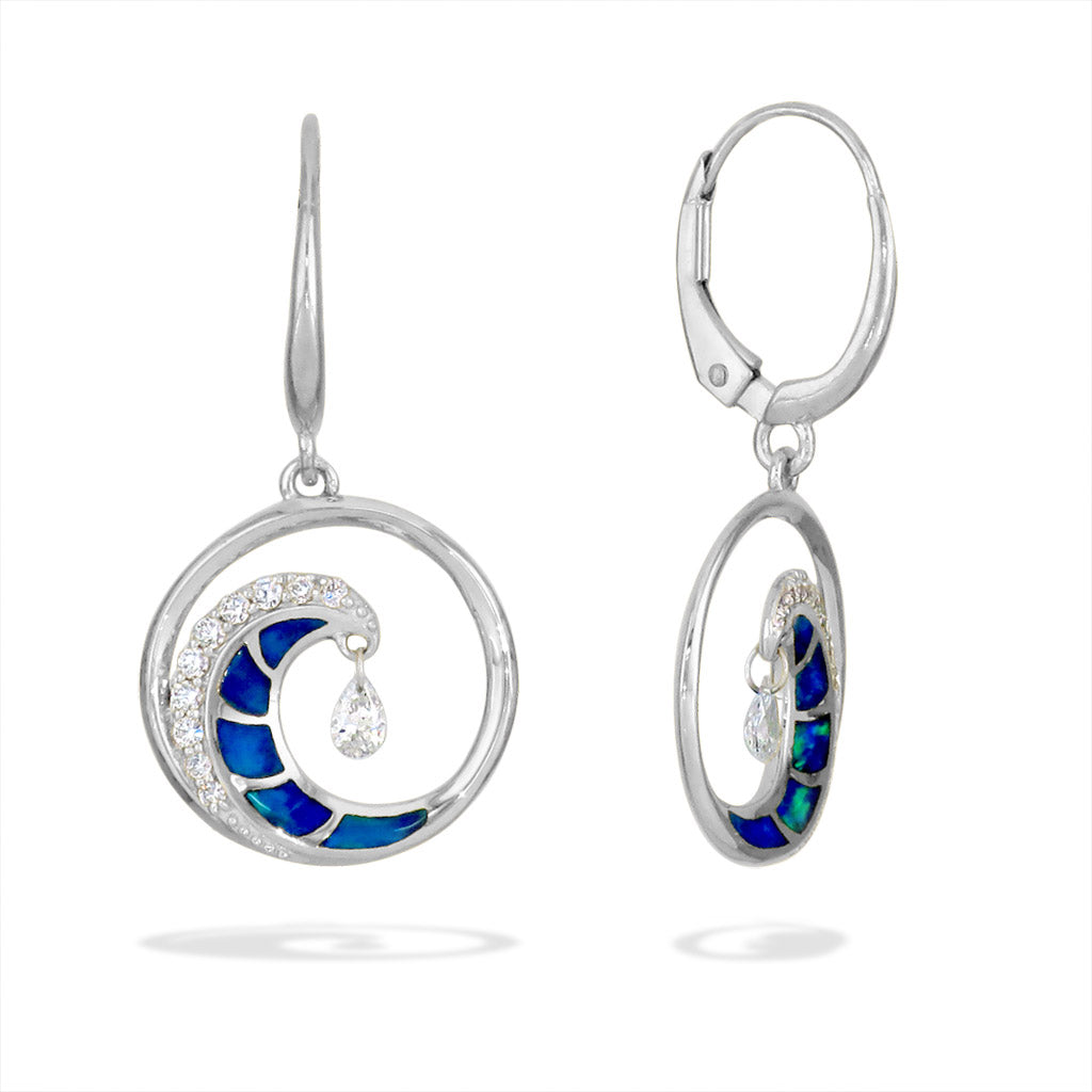 White gold Wave leverbacks with opal inlay, diamonds & pear shimmer diamond in the center. Right side rotated. Item No. 40619