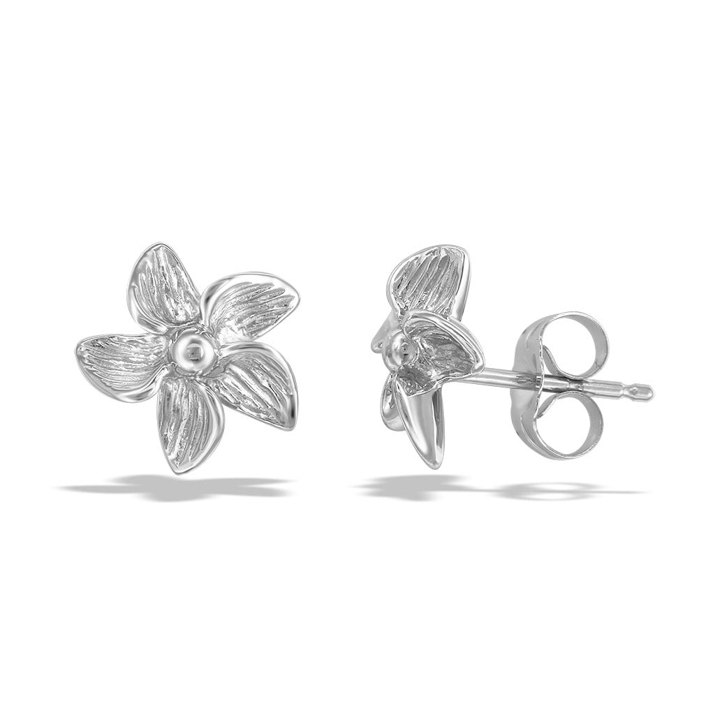 Sterling silver Lei Aliʻi flower stud earrings with textured petals & polished center. Item No. 11292