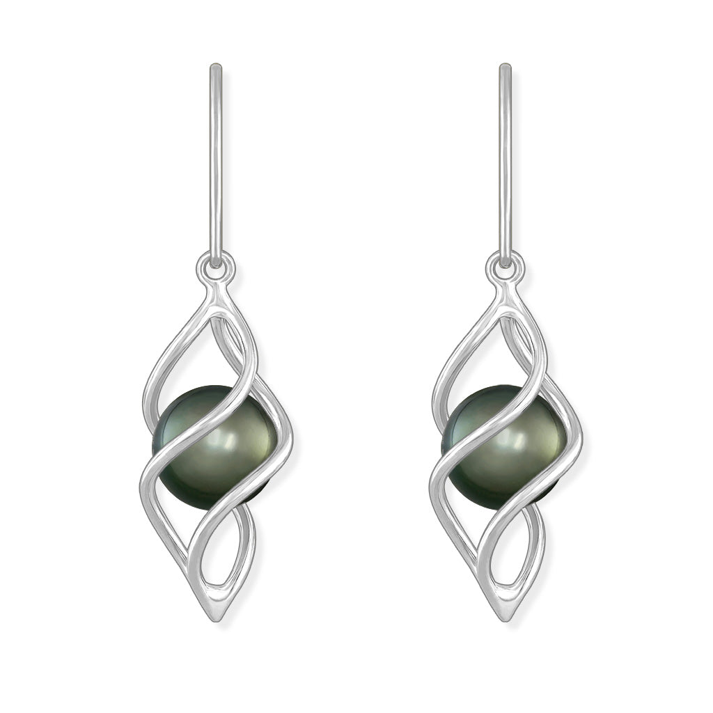 Tahitian pearls rest within open swirl 14k white gold dangle earrings, creating a sleek modern look. Item No. 43903