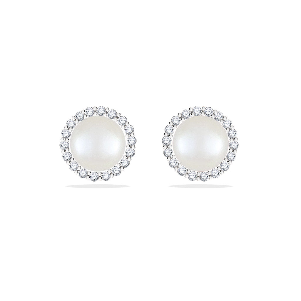 43872 - 14K White Gold - White Akoya Pearl Halo Stud Earrings