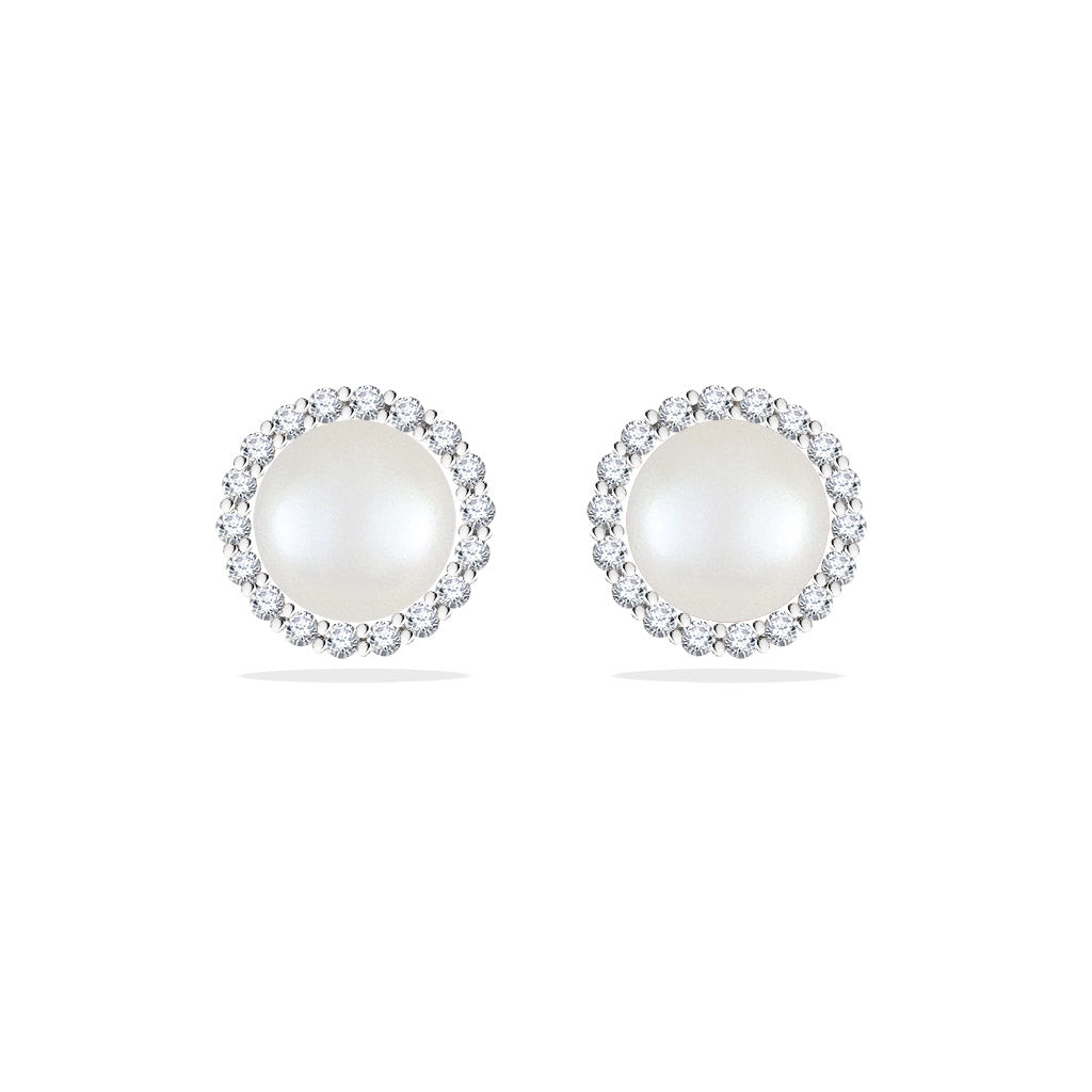 Refined 14k white gold halo stud earrings with white Akoya pearls framed by a circle of sparkling diamonds. Item No. 43872
