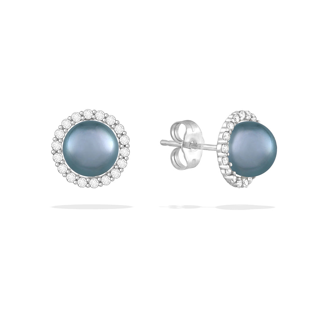 Front & side view of halo stud earrings with blue Akoya pearls framed by sparkling diamonds, showing backings. Item No. 43873