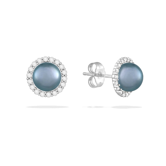 Front & side view of halo stud earrings with blue Akoya pearls framed by sparkling diamonds, showing backings. Item No. 43873