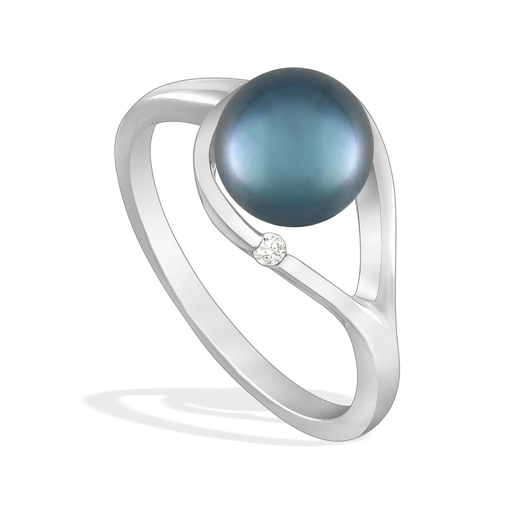 White gold raindrop-style ring with a 7mm blue Akoya pearl accented by a single diamond in an open design. Item No. 43869