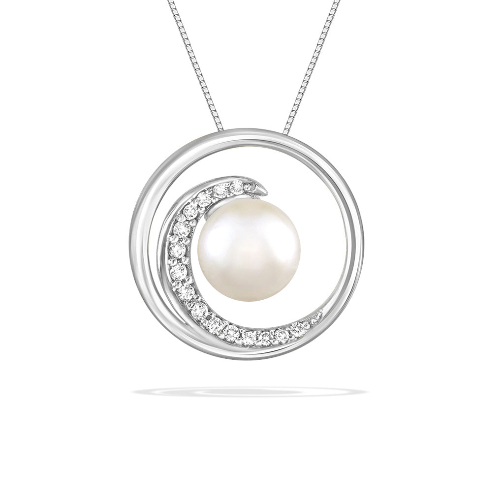 White gold wave pendant with a center white akoya 7mm pearl and pavé-set diamond detail. Item No. 43050