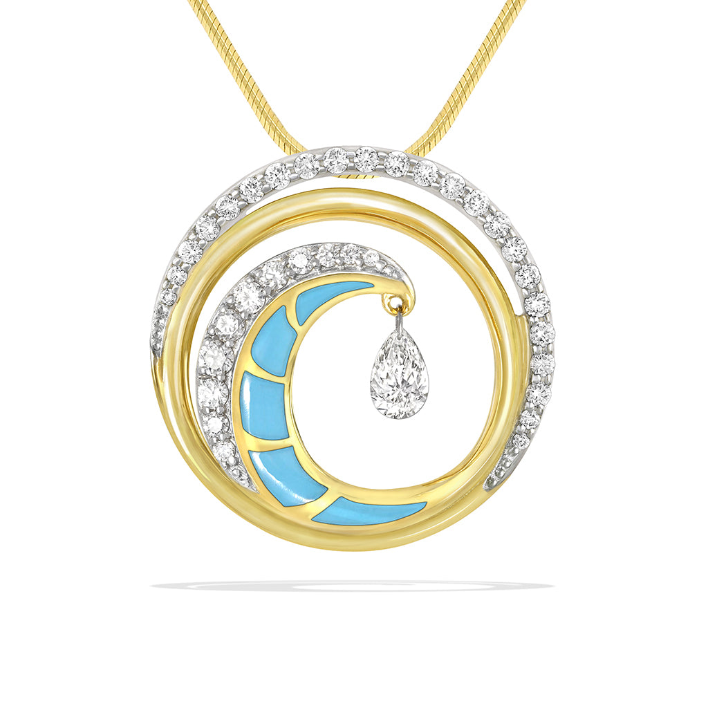 Grand ultimate wave pendant with luxurious diamond details, turquoise inlay & shimmer diamond set in 14k gold. Item No. 43042