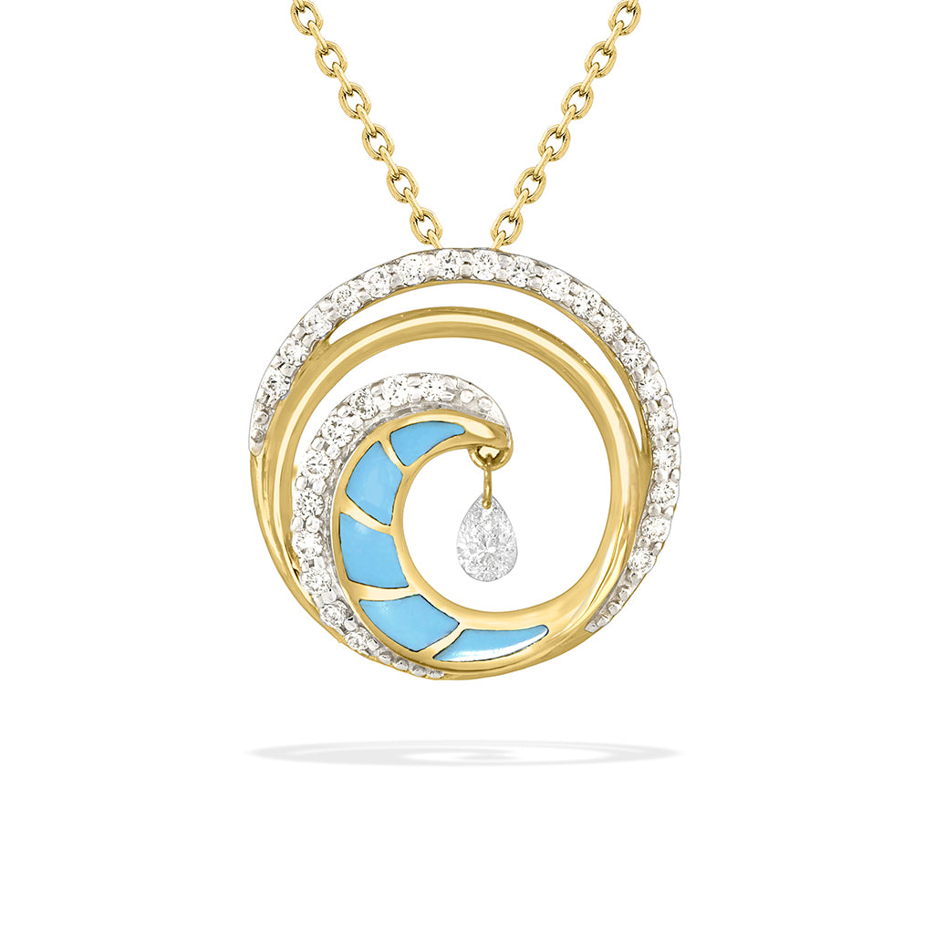 Ultimate wave pendant in 14k yellow gold with diamond accents, turquoise inlay & pear-shaped shimmer diamond. Item No. 43044