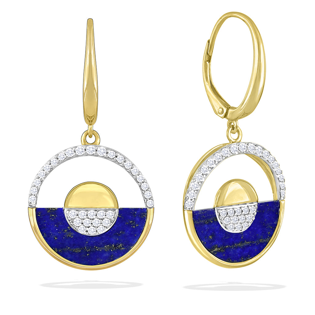 Gold leverback earrings with circle dangles—open top half, bottom half lapis lazuli inlay & diamond accents. Item No. 47545