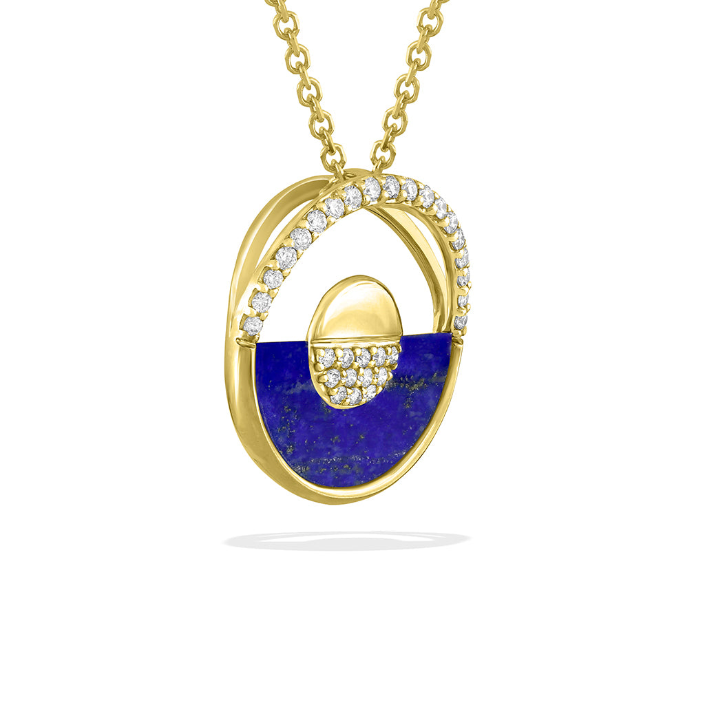 Partial side profile of yellow gold horizon pendant showing a yellow gold chain attached to the hidden bail. Item No. 47541