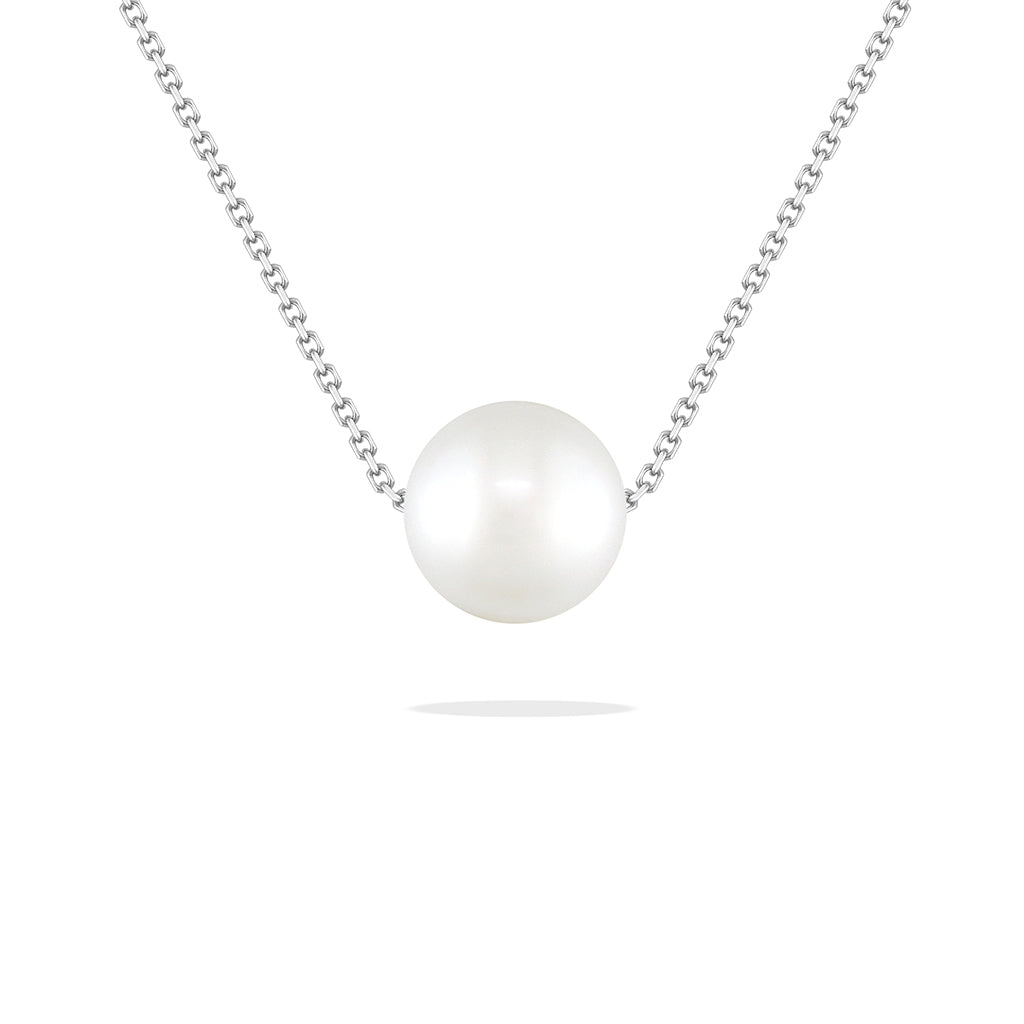 White akoya pearl slider featuring a lustrous 7mm white akoya pearl set on a 14K white gold chain. Item No. 43926