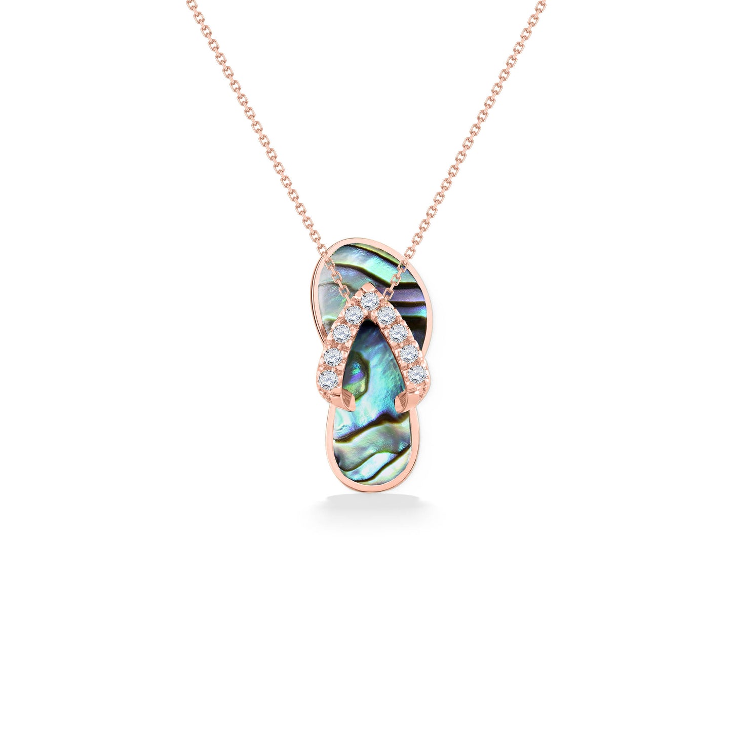 "Flip Flop" Pendant in 14K Rose Gold with Abalone & Diamonds on chain. Item 43382