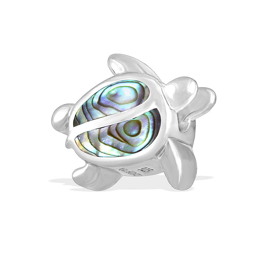 Sterling silver Na Hoku Honu (Sea Turtle) Puka Bead with iridescent abalone shell inlay. Item No. 47598