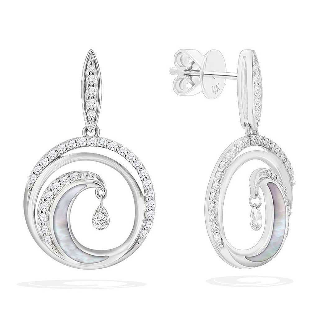Ocean-inspired drop earrings with swirling 14k white gold curves, mother of pearl inlay, and shimmer detail. Item No. 43404