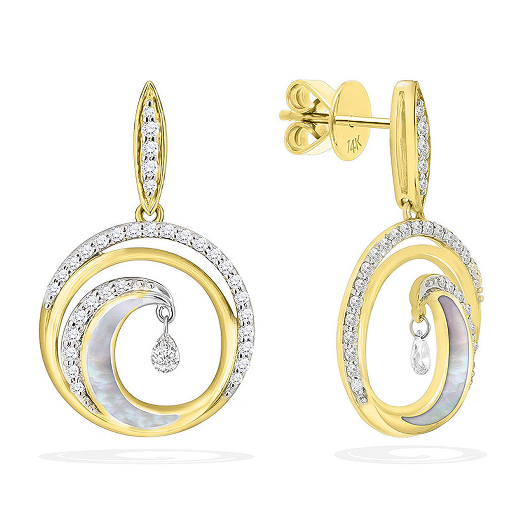 Pair of 14k yellow gold dangle earrings shaped like waves with mother-of-pearl inlay & teardrop-like shimmers. Item No. 43405