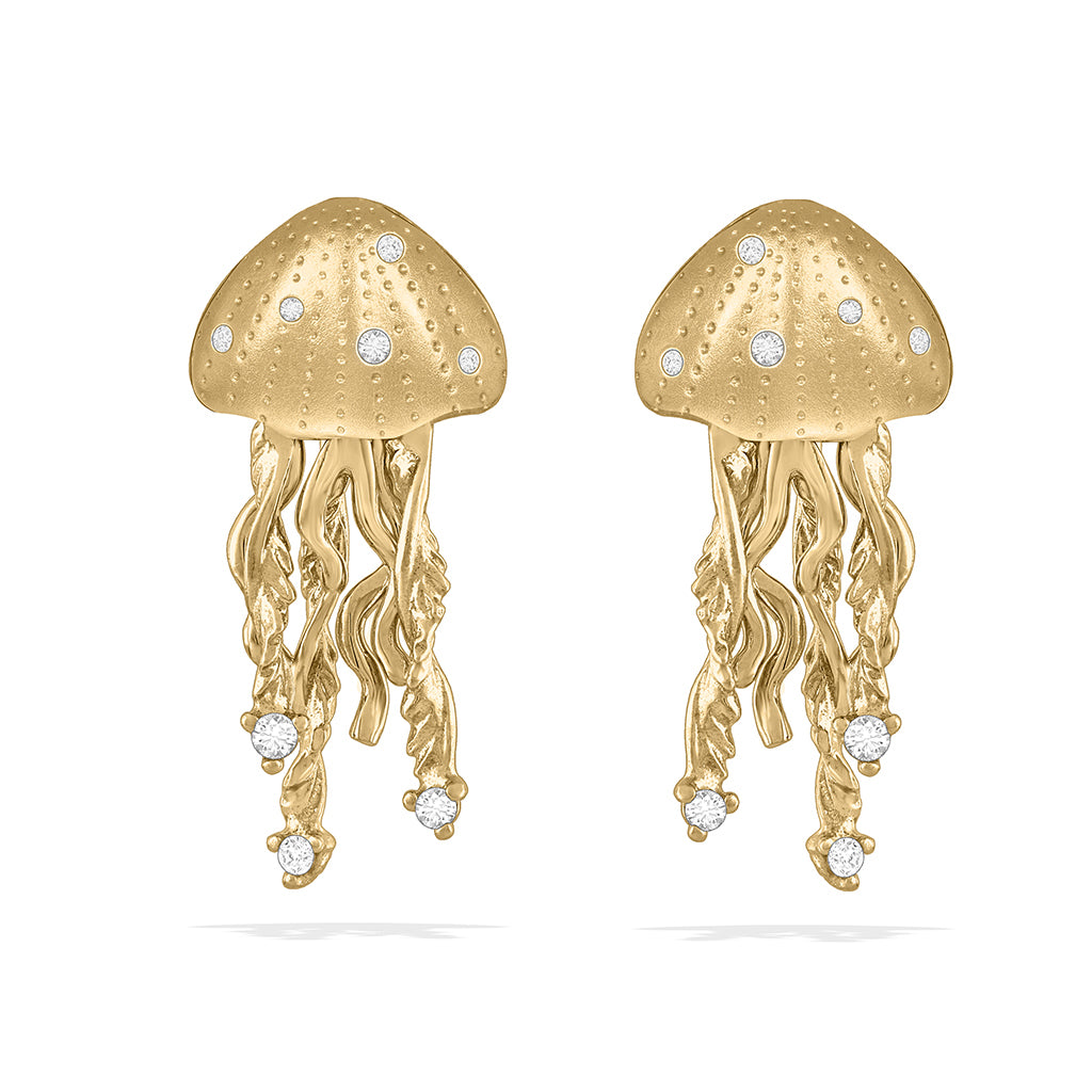Jellyfish earrings in 14K yellow gold with sparkling diamonds and delicate tentacle details. Item No. 43305