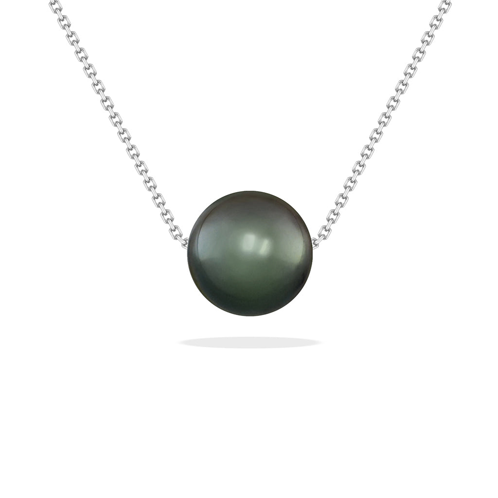 Pearl necklace with a 14k white gold chain drilled through a luminous 10mm Tahitian Black Pearl. Item No. 43932