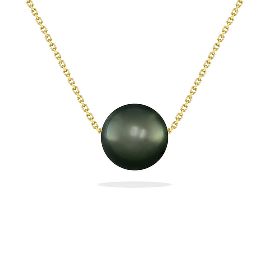 Minimalist necklace of 14k yellow gold chain drilled through a lustrous 10mm Tahitian Black Pearl. Item No. 43933