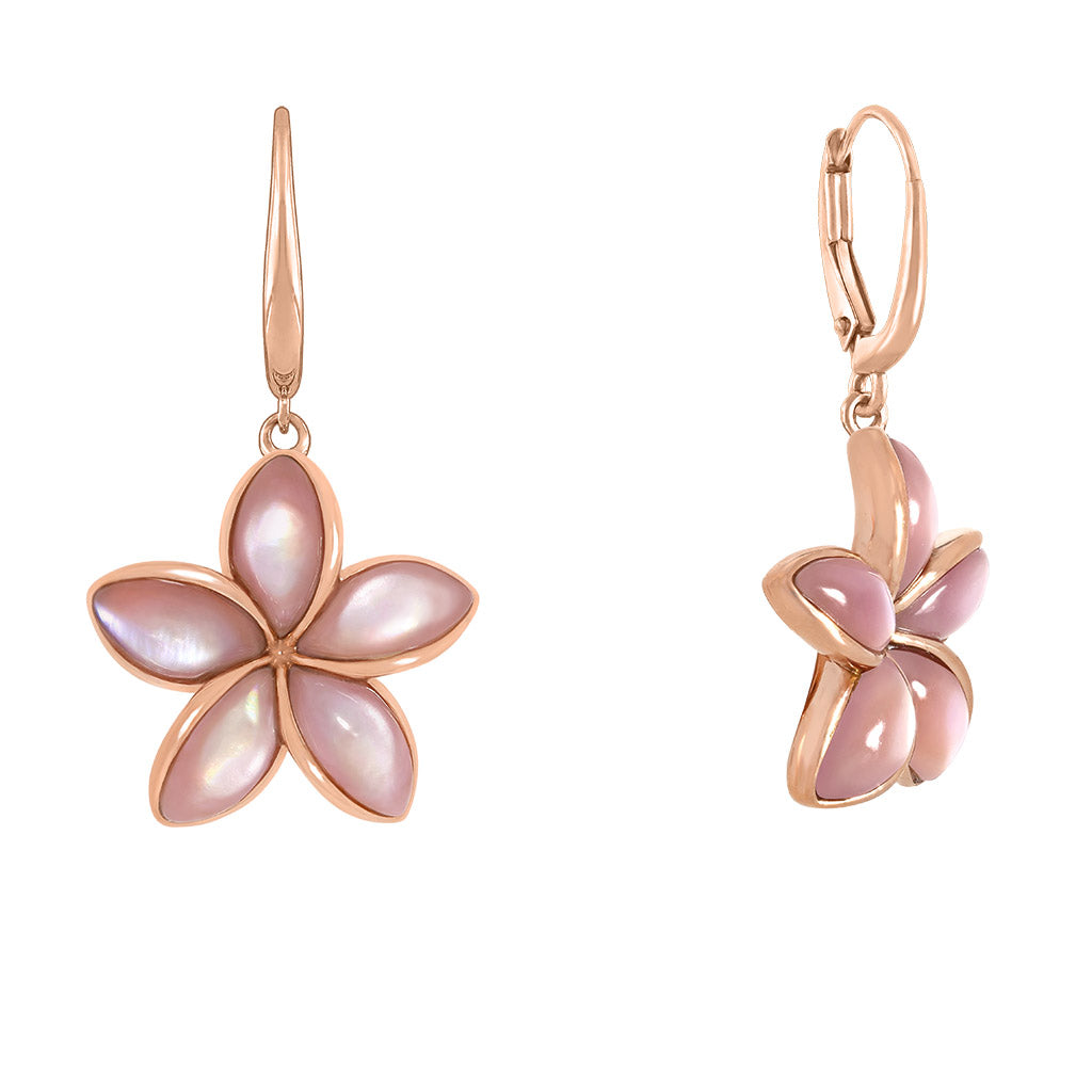 Front & side view of plumeria leverback earrings with pink mother of pearl inlay set in 14k rose gold. Item No. 43960