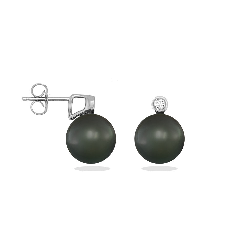 White gold bezel-set diamonds sit atop 9mm tahitian pearl; front facing and side view to show backings. Item No. 43831