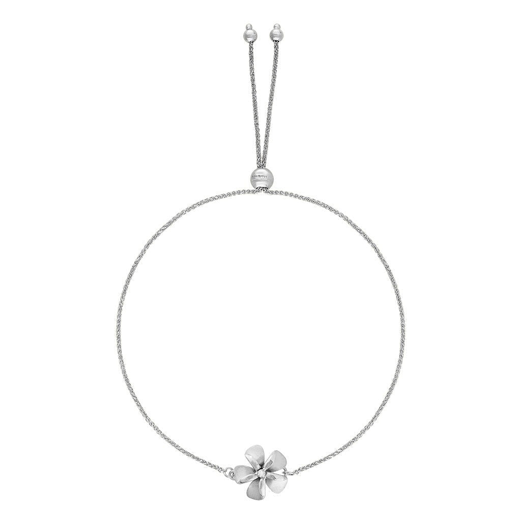 Adjustable plumeria bolo bracelet made in 14k white gold with a shiny diamond centerpiece. Item No. 43968