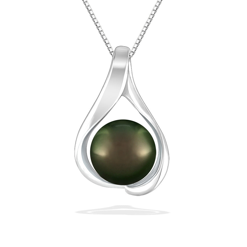 Modern 14k white gold pendant with a 9mm Tahitian pearl suspended in a flowing open teardrop frame. Item No. 43808