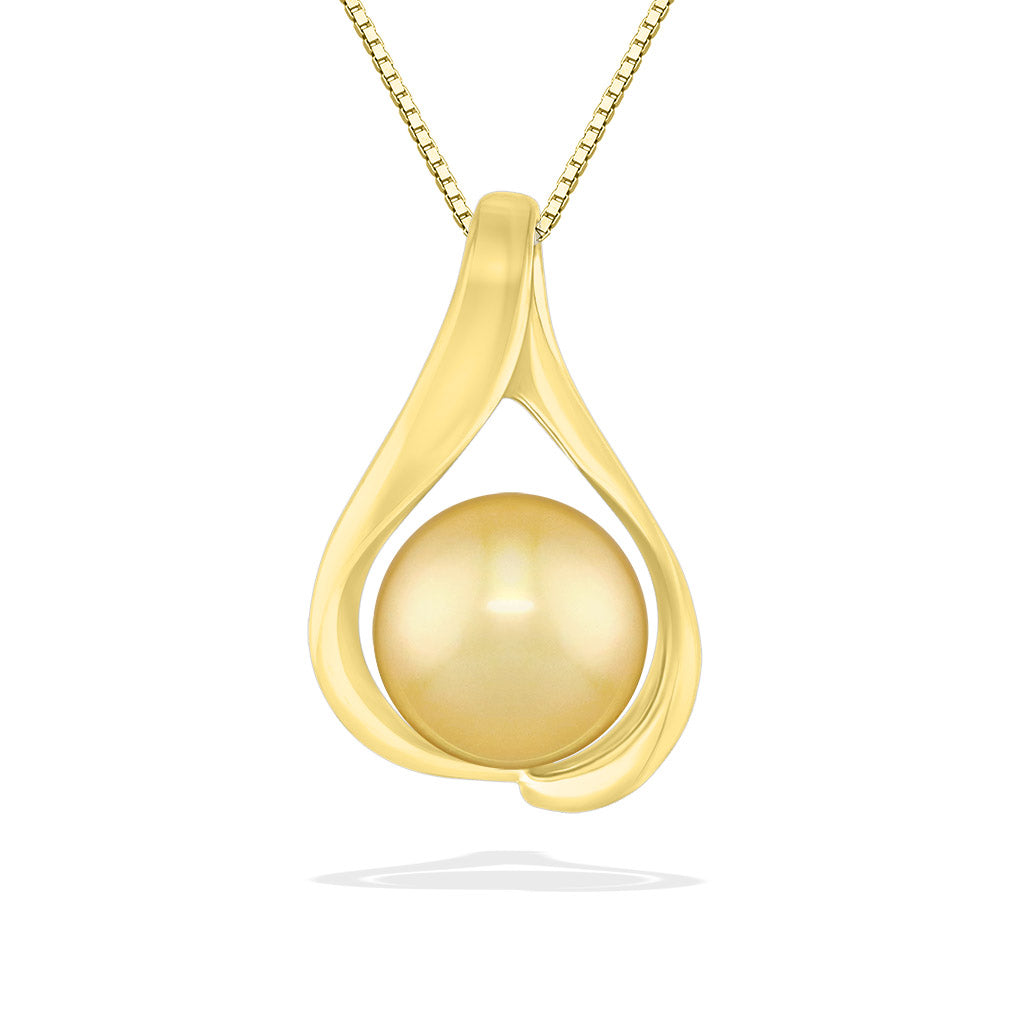 Embrace pendant in 14k yellow gold featuring a 9mm Golden South Sea pearl suspended on a matching chain. Item No. 43809