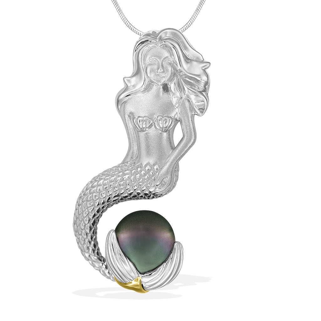 Sitting sterling silver mermaid holding a 10mm tahitian pearl with her 14k gold accented tail. Item No. 43443