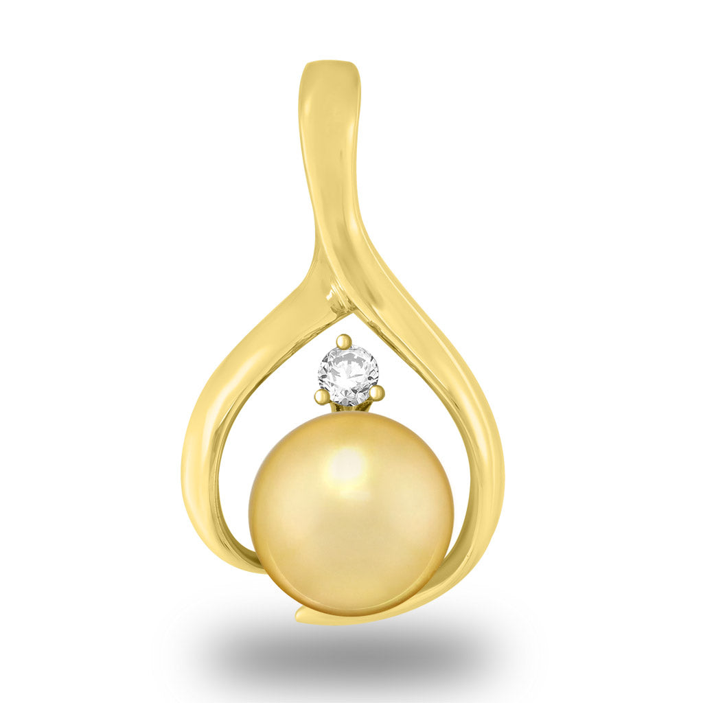 Polished yellow gold wrap pendant set with a 10mm Golden South Sea pearl and 0.10 carat diamond accent. Item No. 43792