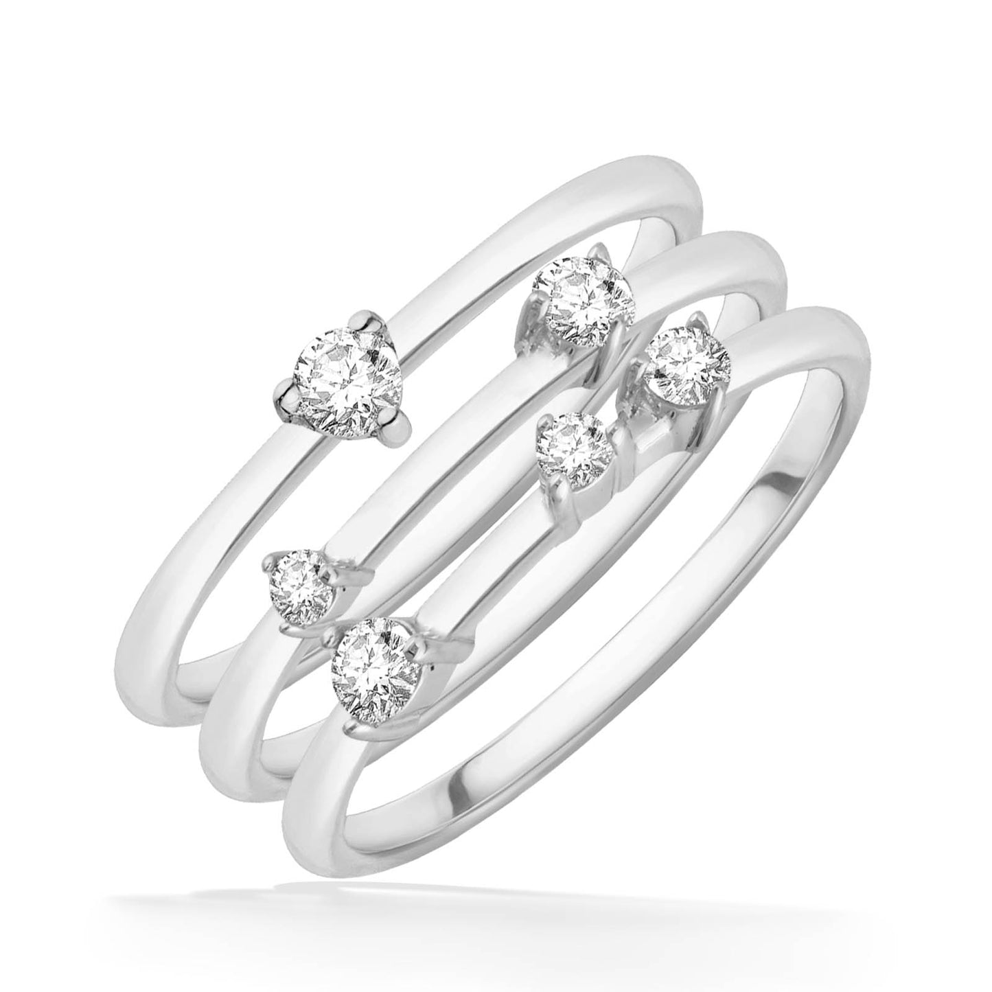 Grouped display of 3-white gold celestial rings highlighting coordinating placed diamonds for a stacked look. Item No. 43777