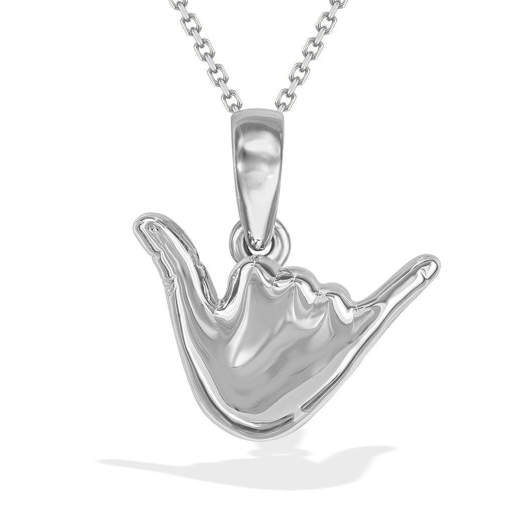 Back view of silver shaka pendant showing sculpted form & high-polish finish, suspended from a classic chain. Item No. 43634