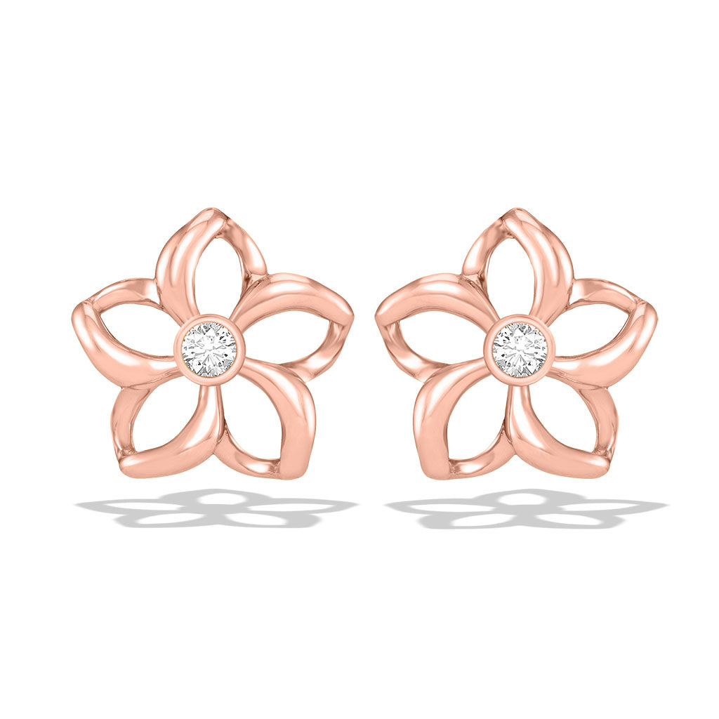 Rose gold floating plumeria stud earrings featuring bezel-set round diamonds in Hawaiian flower style. Item No. 43635