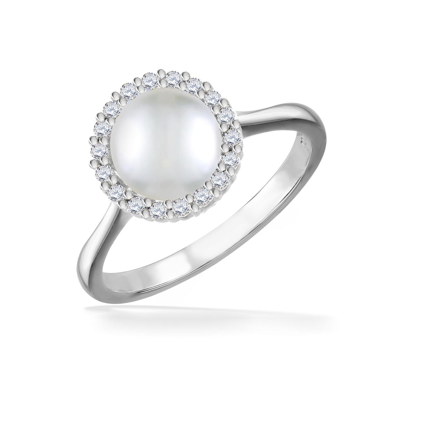 Elegant white gold halo ring showcasing a white Akoya pearl framed by brilliant diamonds on a polished band. Item No. 43644