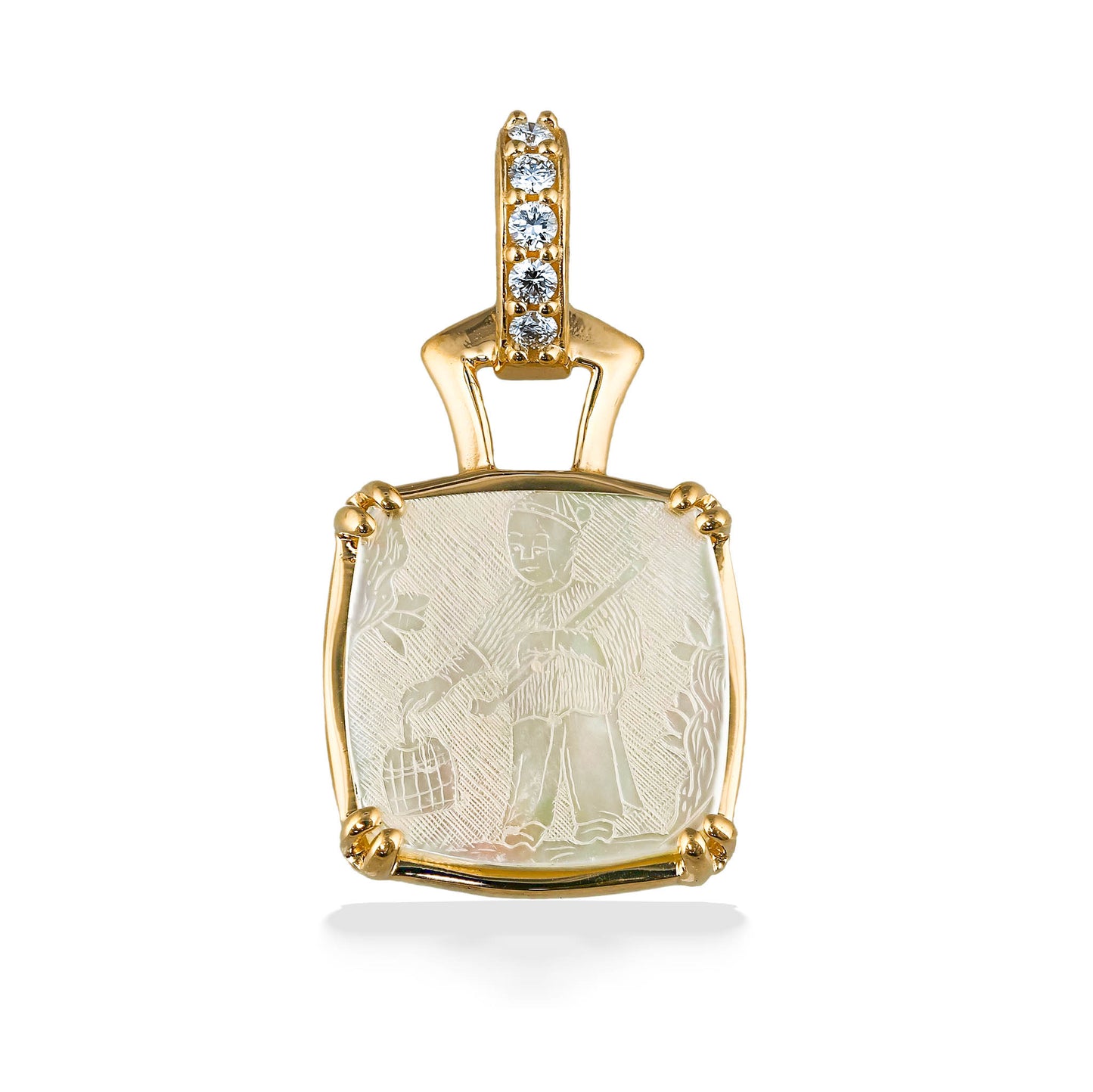 Hand-carved mother of pearl cushion gaming counter with diamond-lined bail in 14K yellow gold. Item No. 43760