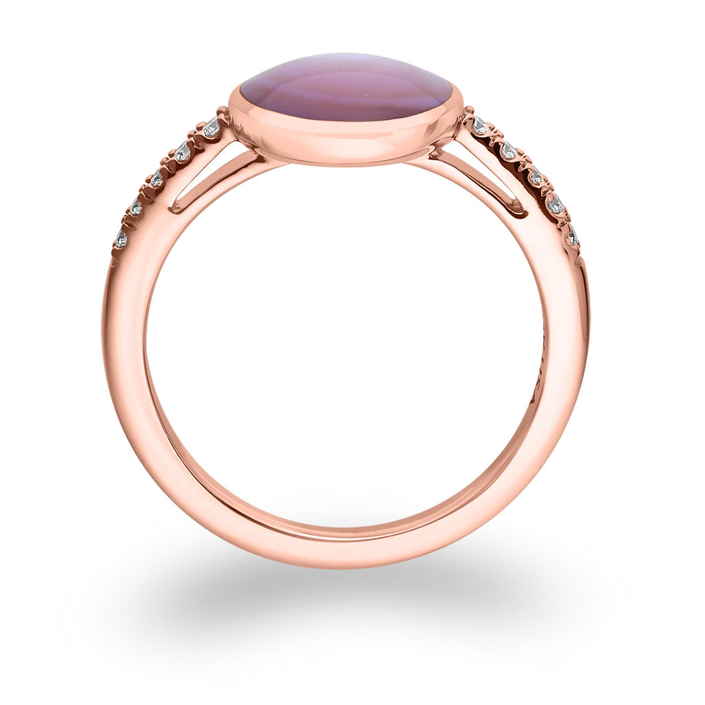 Side view of rose gold ring with pink mother of pearl inlay on top & side diamonds, highlighting rings shank. Item No. 889257