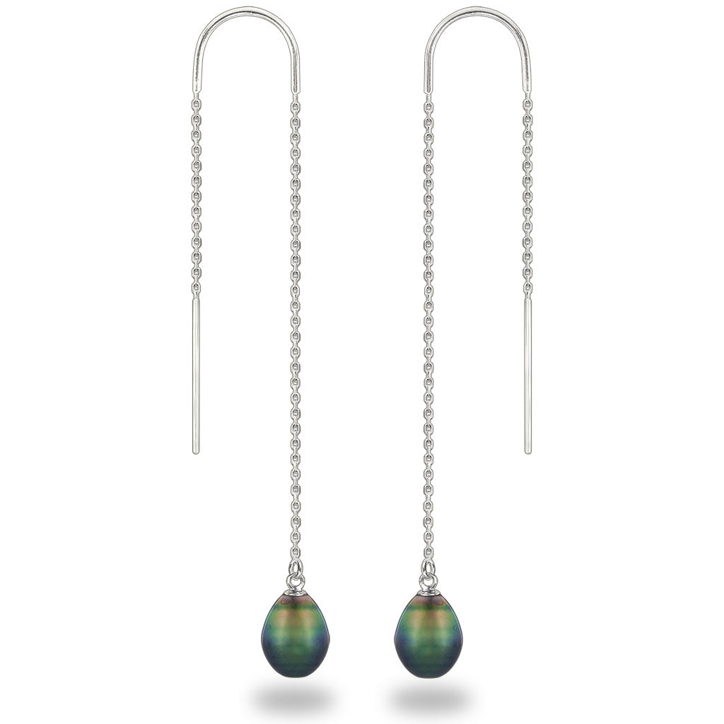 Delicate 14k white gold pull-through threader earrings with 9mm iridescent oval pearls. Item No. 43660