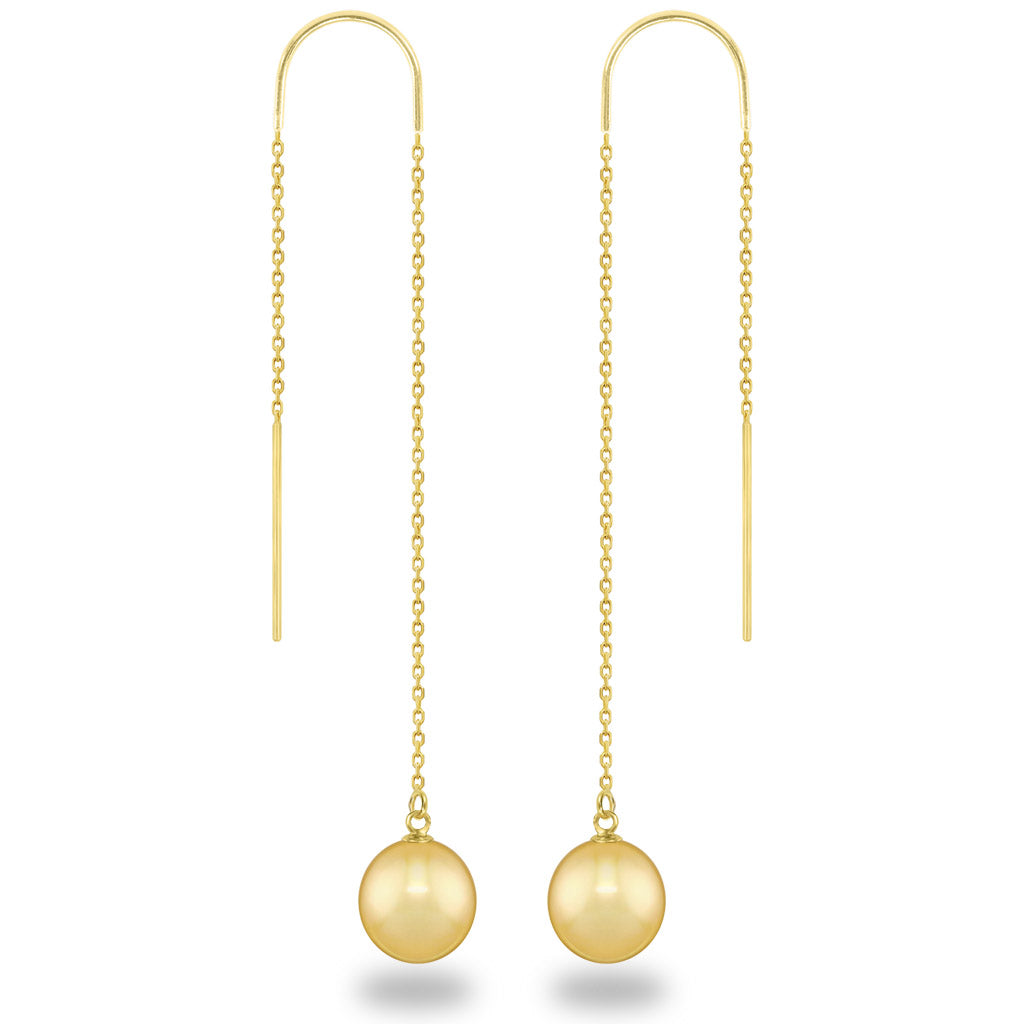 Delicate yellow gold threader earrings with 9mm oval Golden South Sea pearls and slender chain drops. Item No. 43661