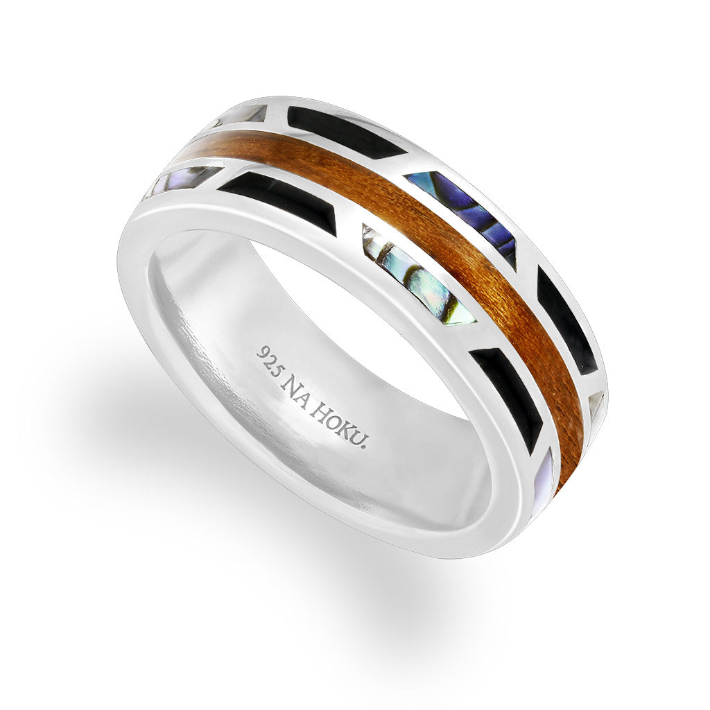43677 - Sterling Silver - Abalone, Koa Wood and Enamel Band, Size 10
