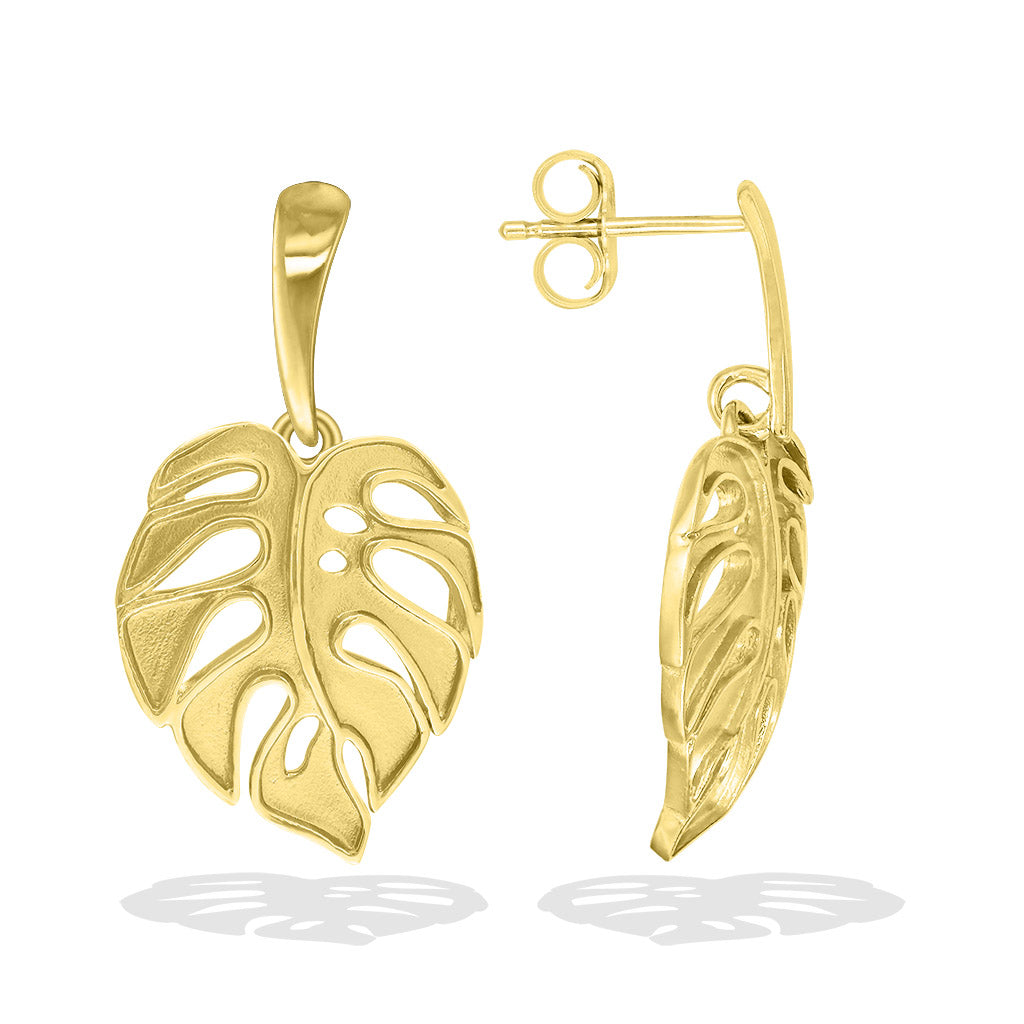 Gold monstera leaf dangle earrings showing front and side profile of gold post & earnut. Item No. 43743