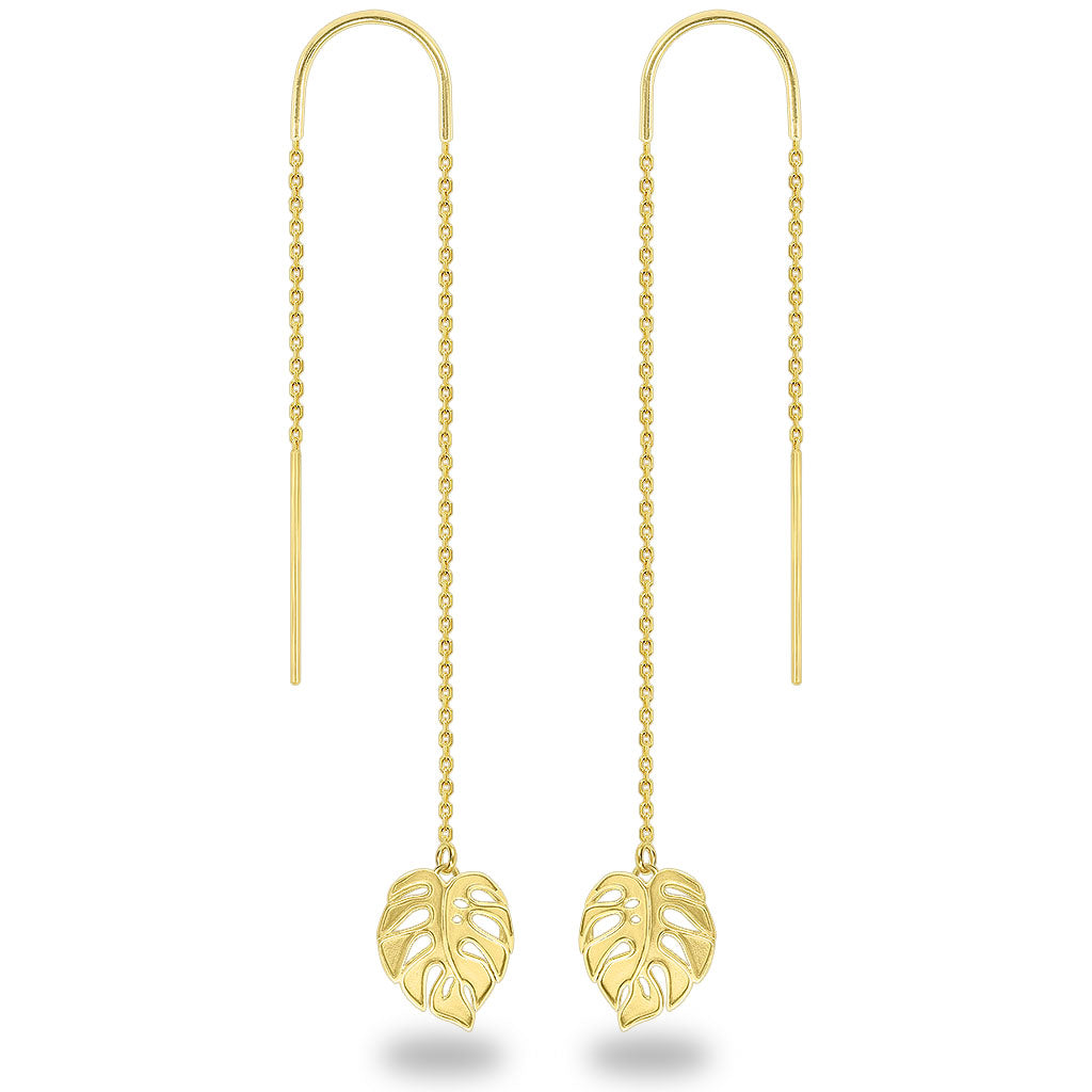 Lightweight 14k yellow gold threader earrings featuring sleek bars and dangling monstera leaf charms. Item No. 43741
