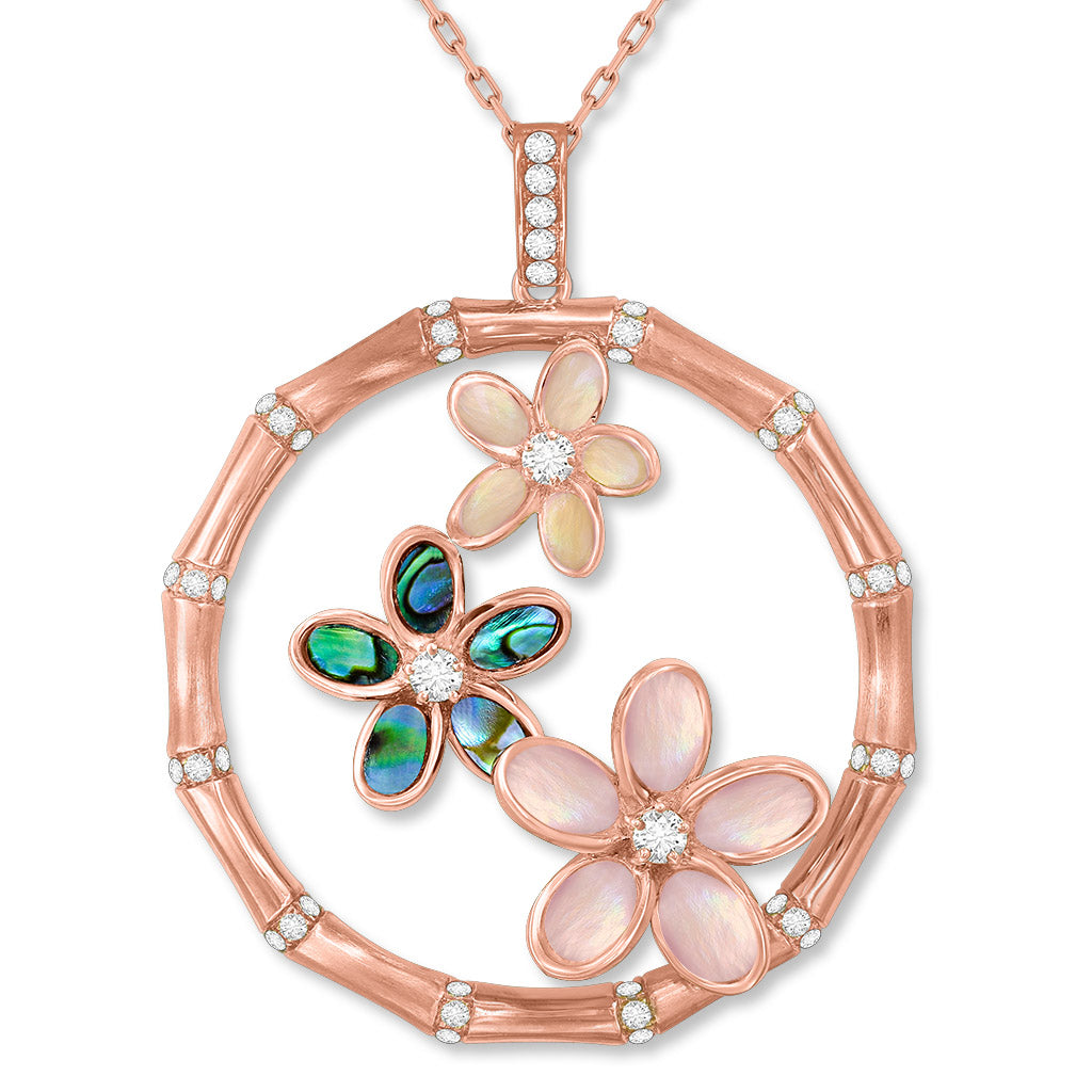 Rose gold bamboo circle pendant with abalone, white & pink mother of pearl inlay flowers & diamond accents. Item No. 771953