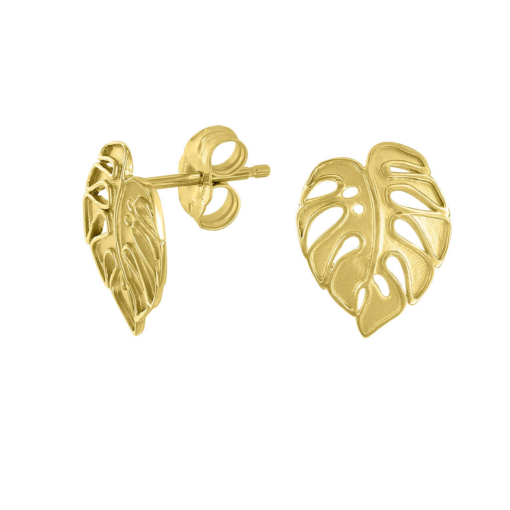 Angled view of 14k yellow gold monstera stud showing post backing and textured leaf detail. Item No. 43739