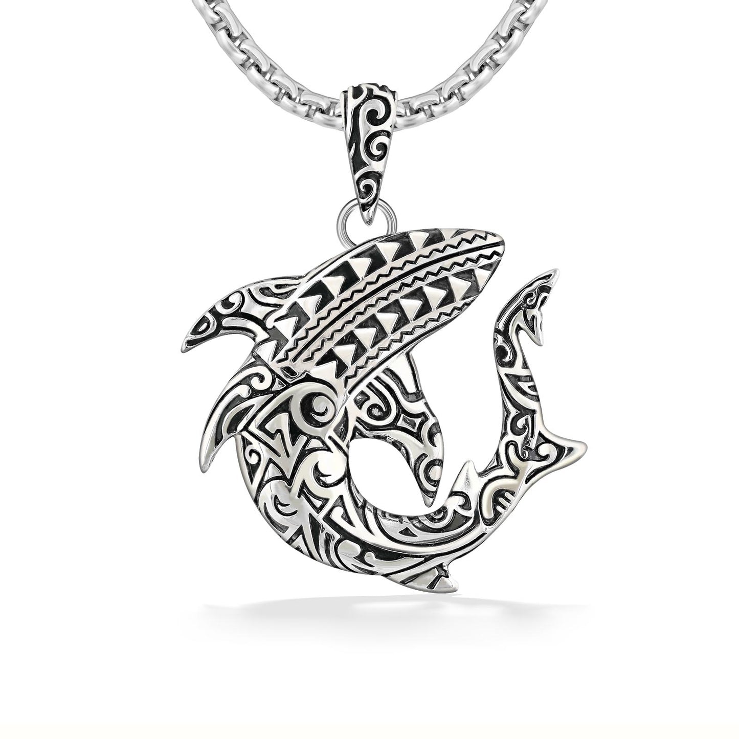 Sterling silver Effy men's pendant shark with tribal design on a 22-inch silver chain. Item No. 772017
