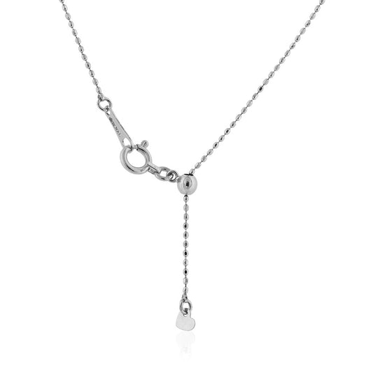 Close-up of white gold necklace clasp with adjustable bead slider & dangling chain detail for adjustable length. Item 772094