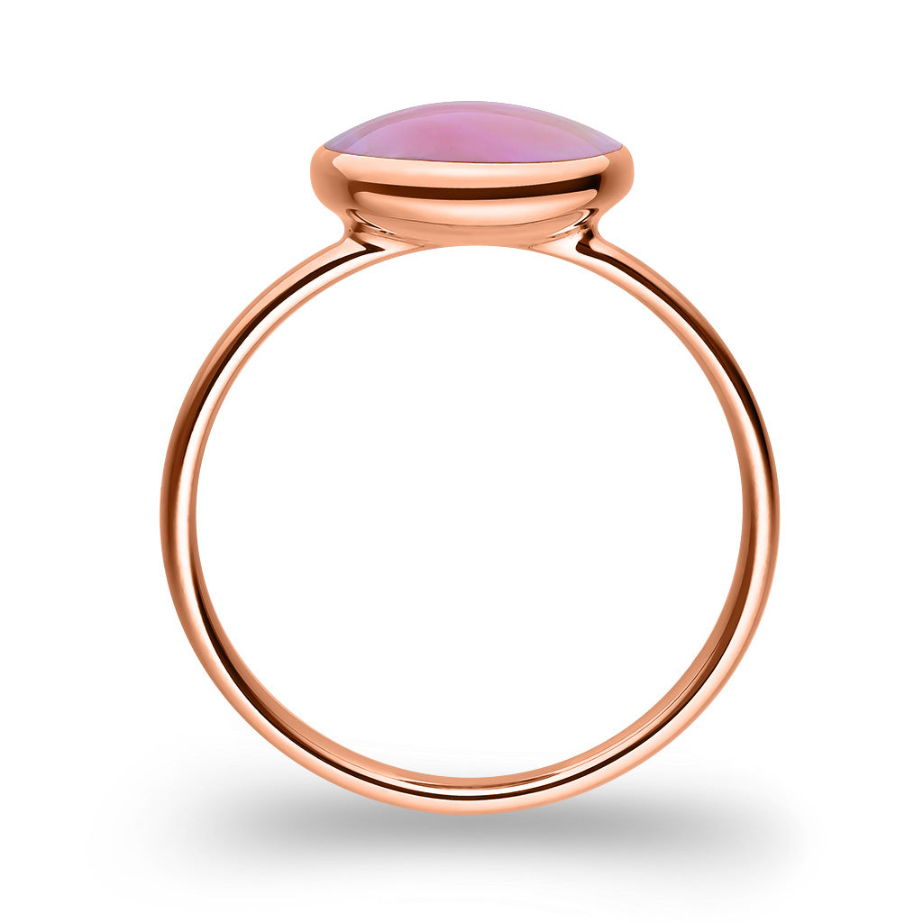 Side view of the round ring with pink mother of pearl inlay highlighting the delicate shank. Item No. 772071