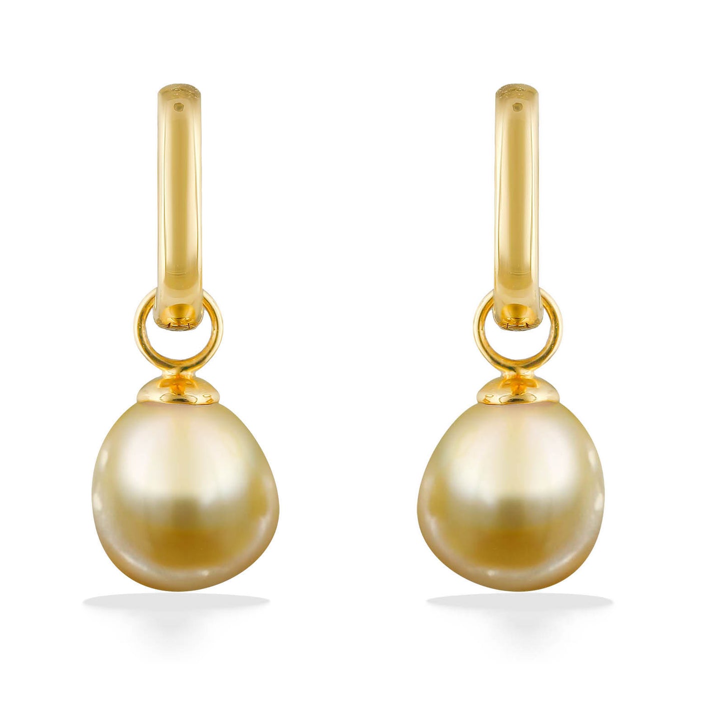 Front-facing view of yellow gold pearl huggie hoop earrings showcasing luminous 9mm Golden South Sea pearls. Item No. 43705